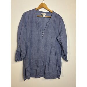 Cynthia Rowley 100% Linen Navy Blue  Tunic Blouse Roll Tab Sleeve - Size L